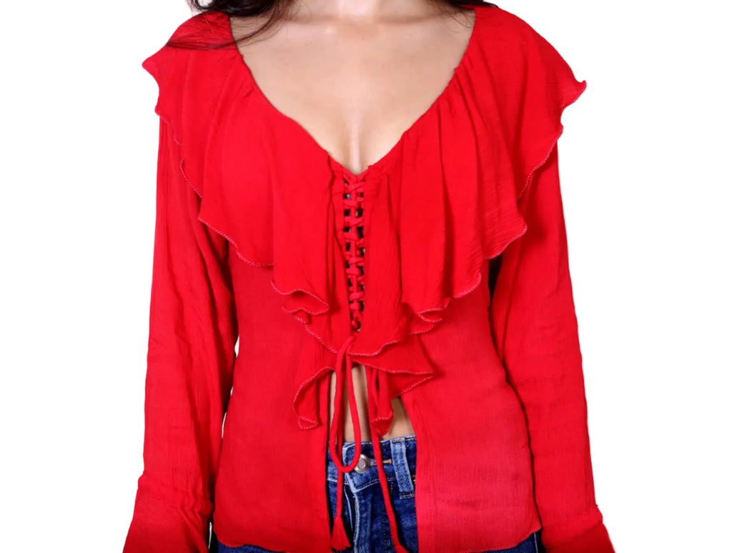 Full Sleeves Red Ruffle Top