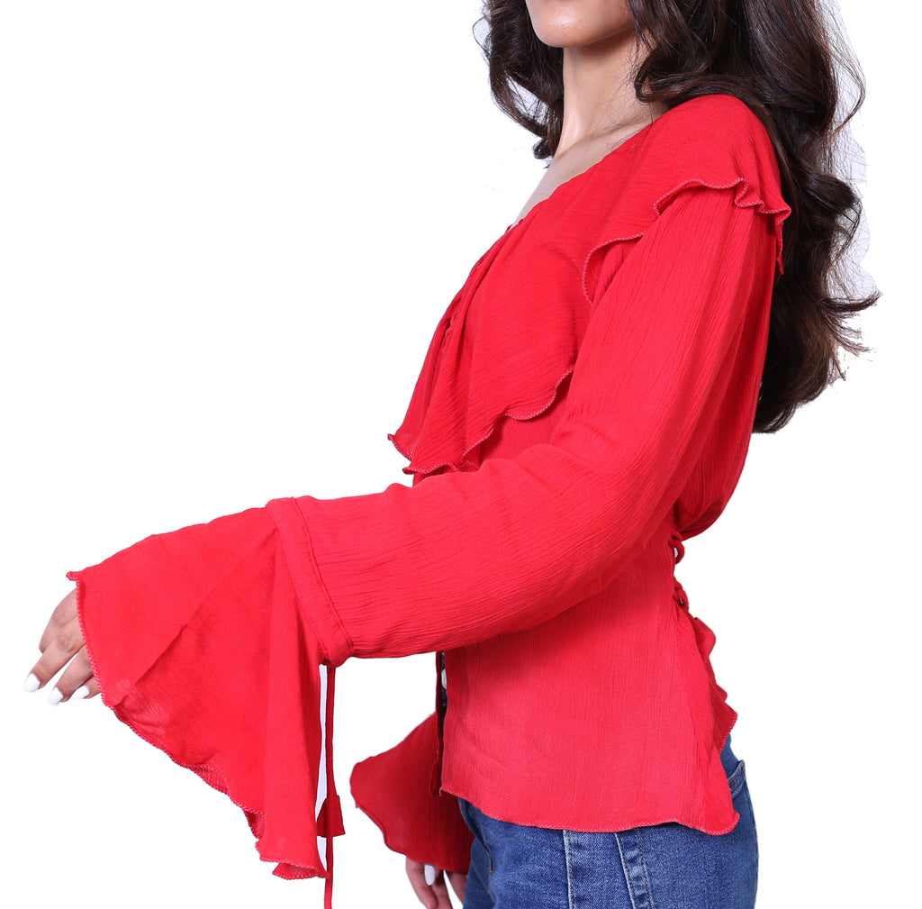 Full Sleeves Red Ruffle Top